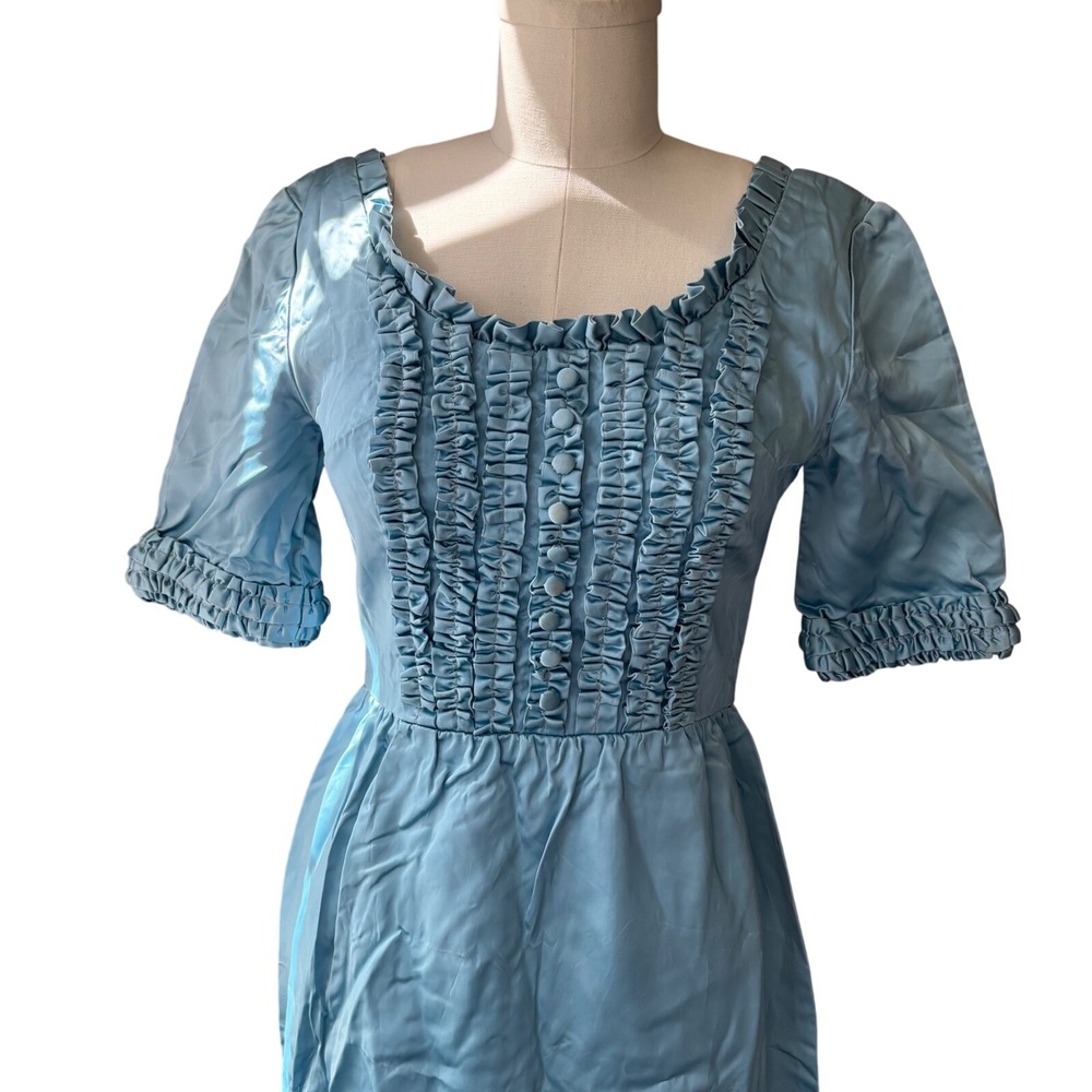 Vintage 60s/70s Powder Blue Maxi Ruffle Bodice Elegant Evening Gown Women XS